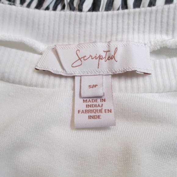 Scripted White Short Sleeve Top with Black and White Striped Tiered Hem  Size S - Picture 2 of 13